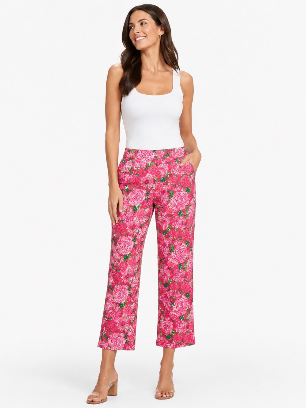 Lilly Pulitzer‎ Palm Beach Fit Pink Floral Pants Crop Capri Size 14 Tropical